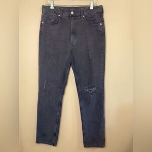 Straight Leg Black Light Wash Denim Jeans, High Waisted